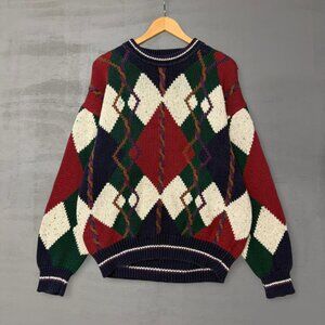 Vintage 412 Van Heusen Argyle Cable Knit Chunky Multicolor Retro Sweater XL